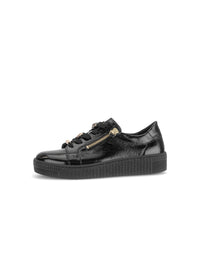 Sneakers with a chunky sole - black patent leather, gold embellishments