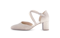 Pumps with block heel - rose gold glitter fabric, thin straps