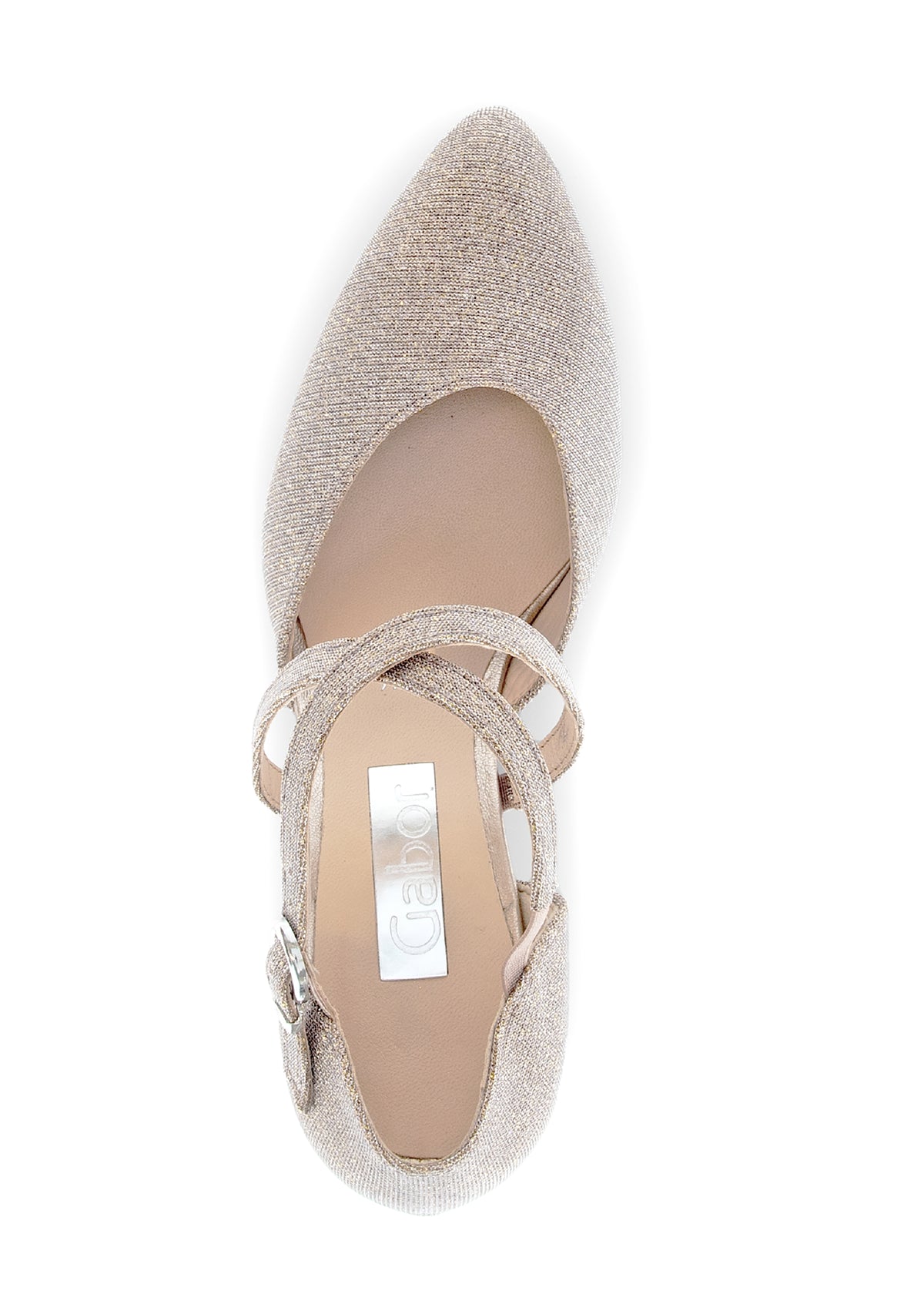 Pumps with block heel - rose gold glitter fabric, thin straps