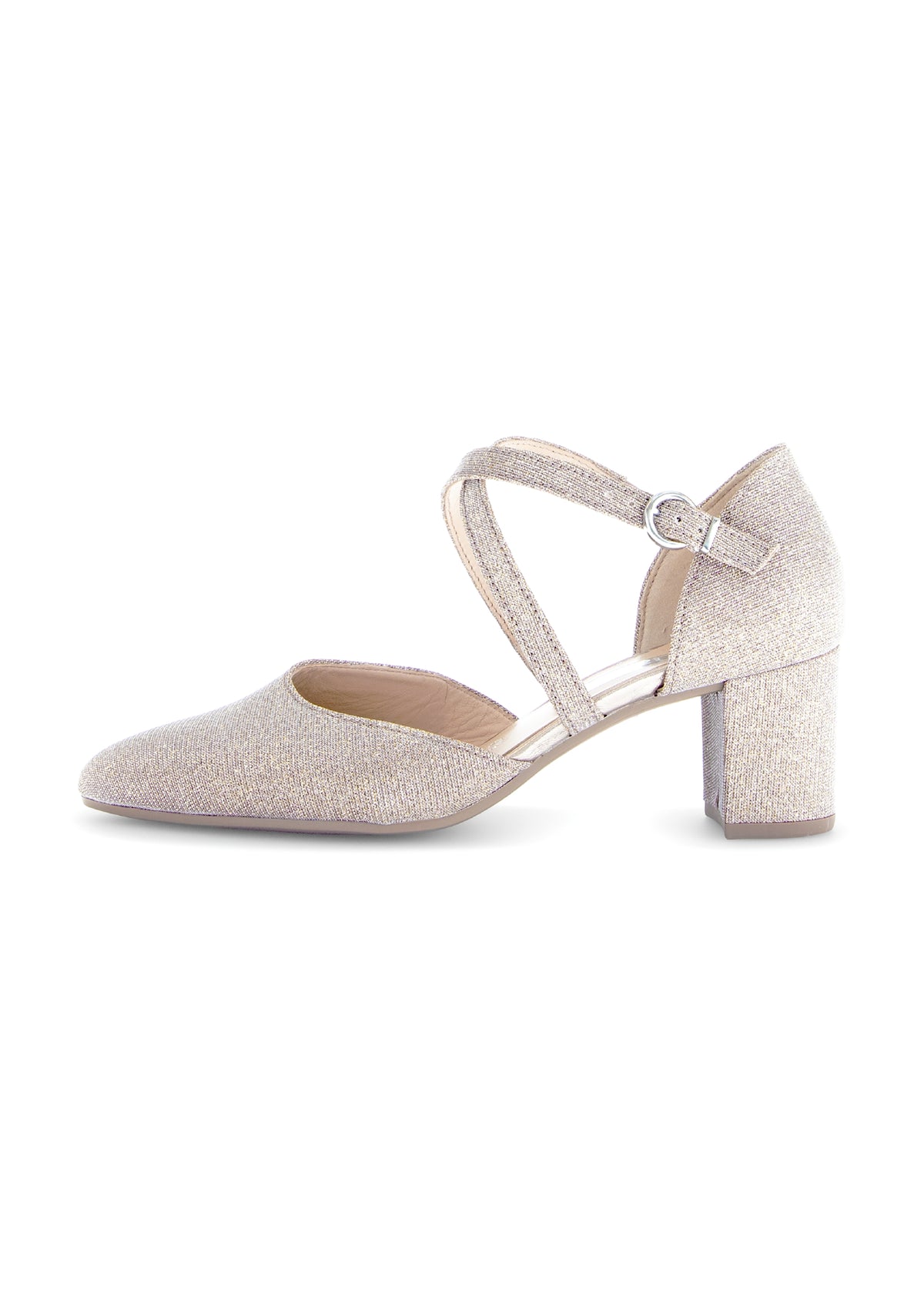 Pumps with block heel - rose gold glitter fabric, thin straps
