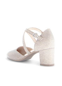 Pumps with block heel - rose gold glitter fabric, thin straps