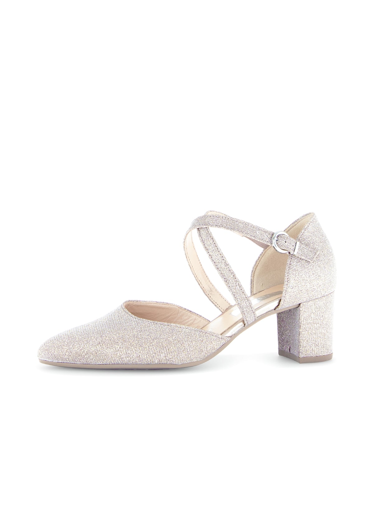 Pumps with block heel - rose gold glitter fabric, thin straps