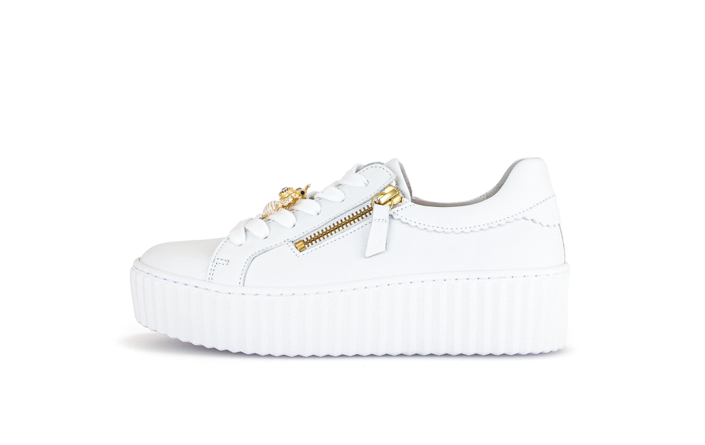 Sneakers with thick soles - white leather, golden bumblebees