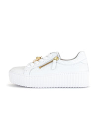 Sneakers with thick soles - white leather, golden bumblebees
