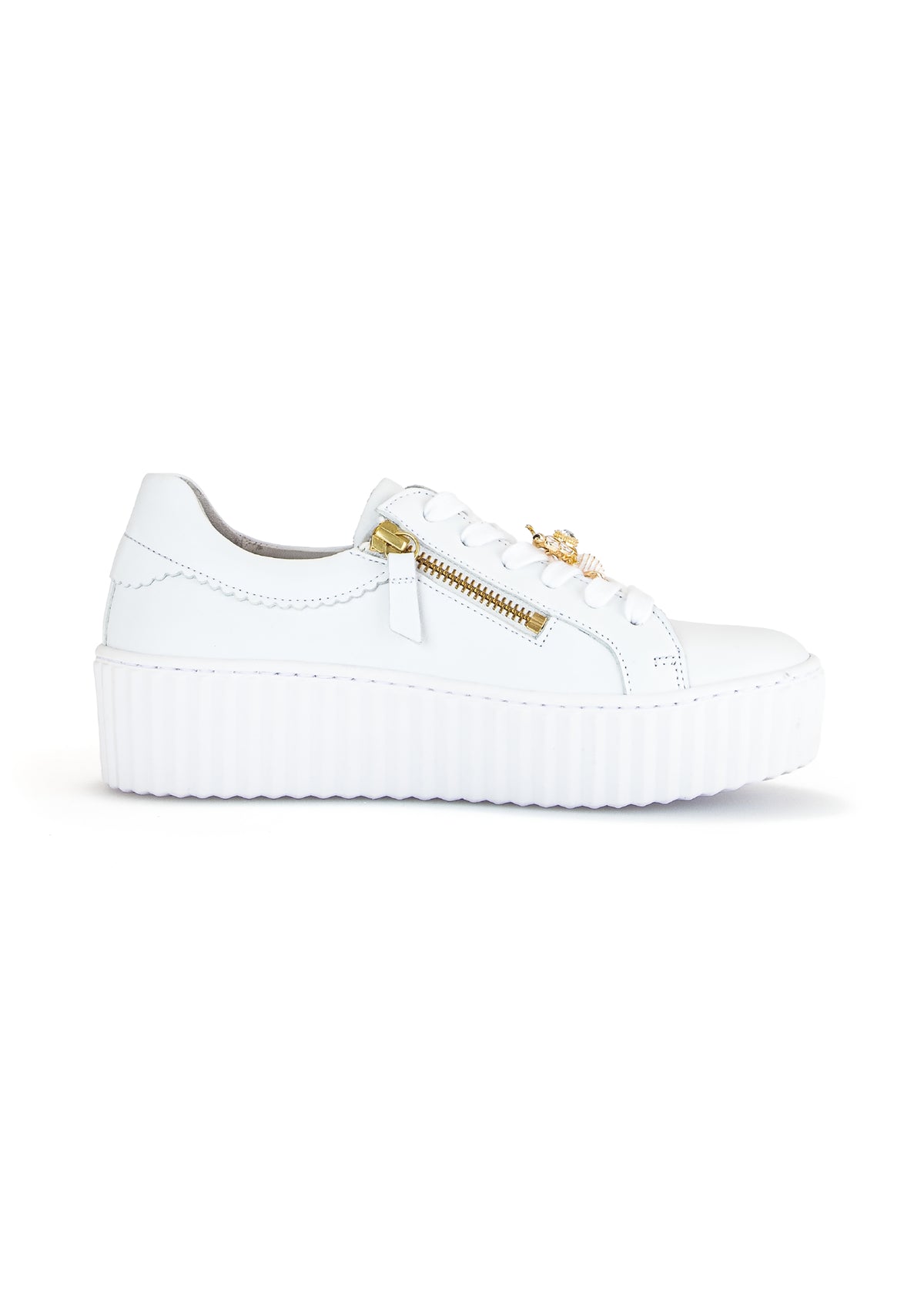 Sneakers with thick soles - white leather, golden bumblebees
