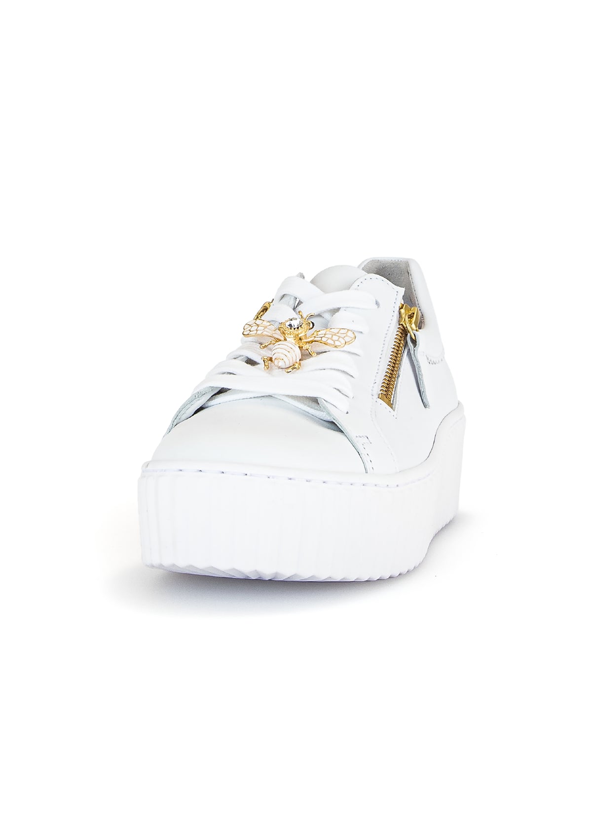 Sneakers with thick soles - white leather, golden bumblebees