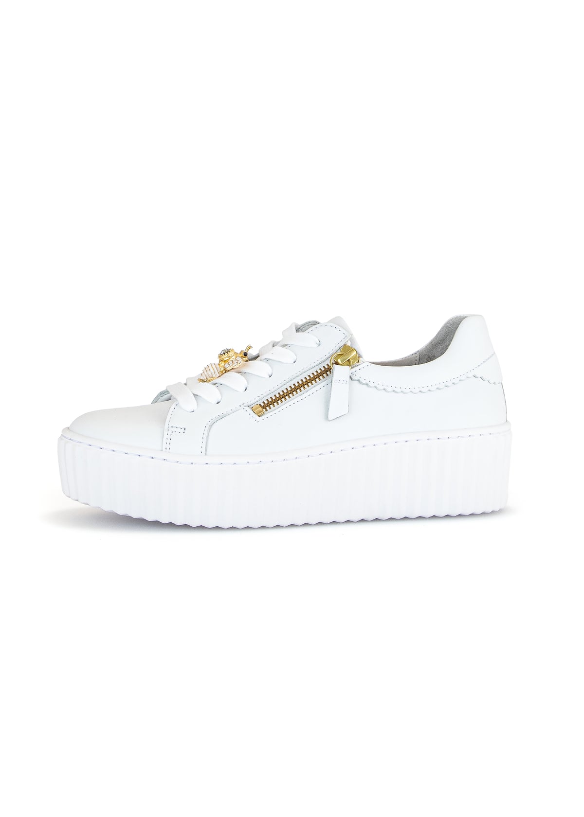 Sneakers with thick soles - white leather, golden bumblebees