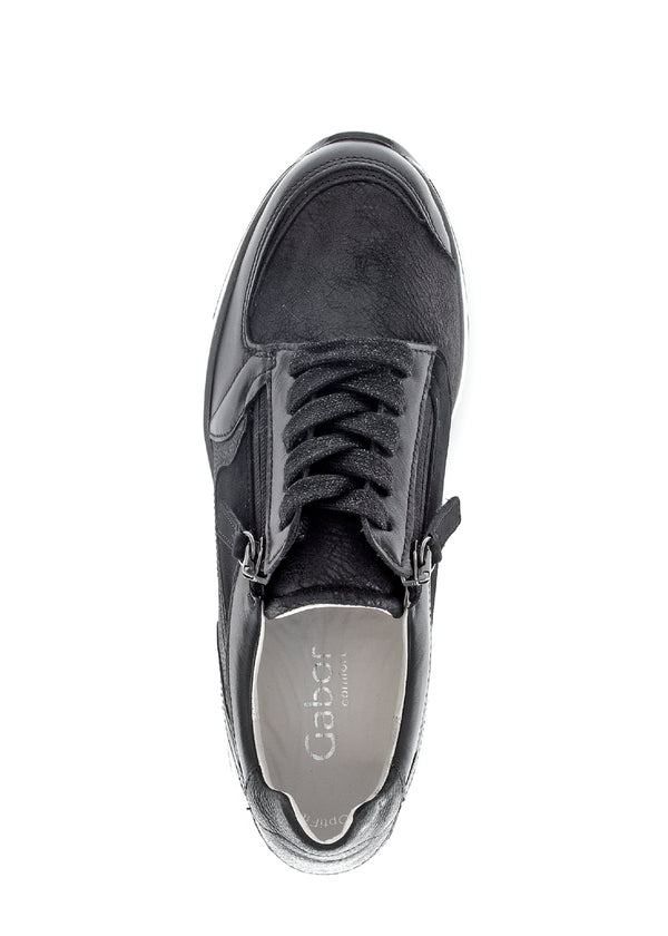 Sneakers with wedge sole - black leather, wide fit