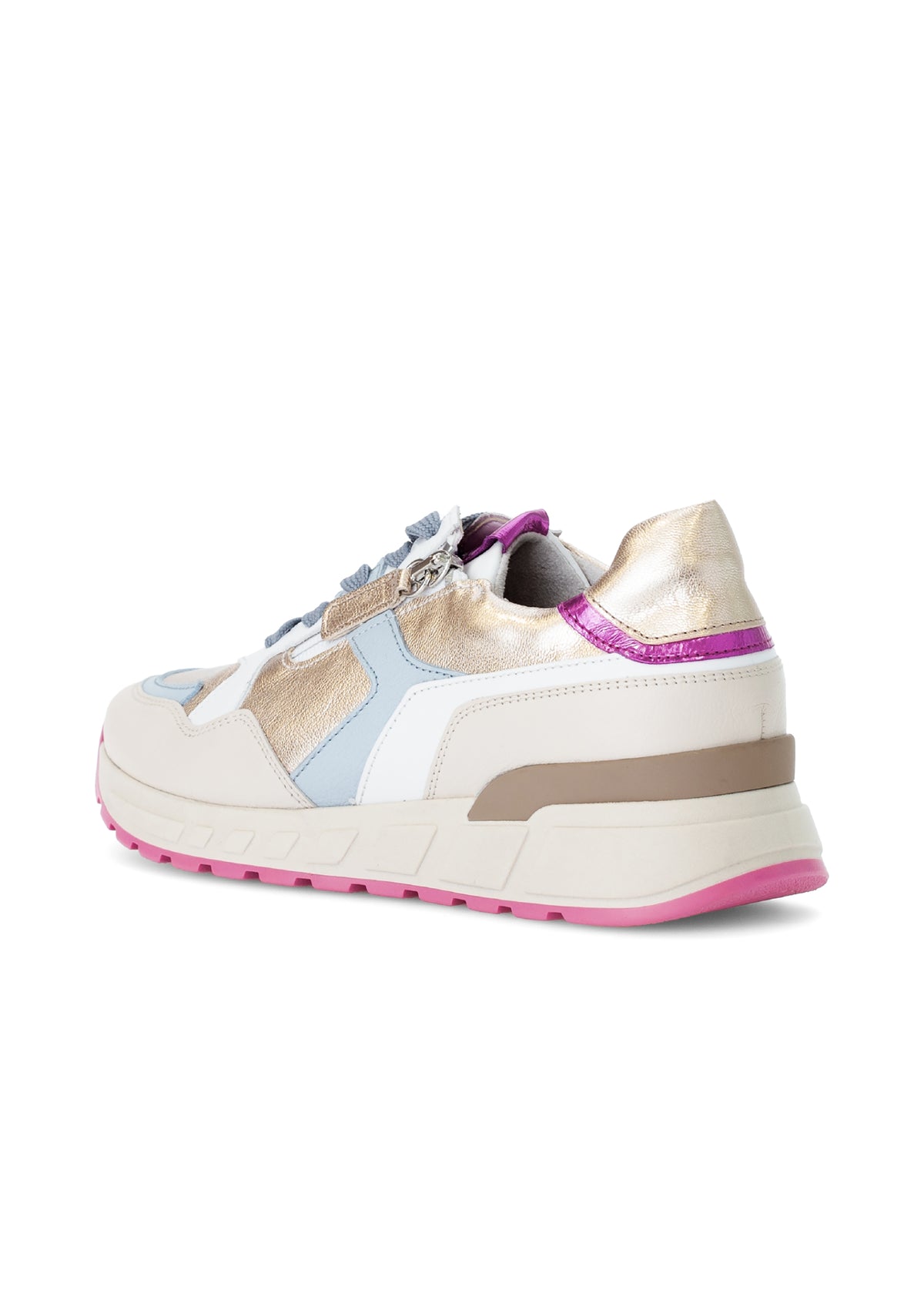 Sneakers med tjock sula - beige läder, färgglada detaljer, rosa sula
