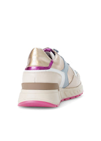 Sneakers med tjock sula - beige läder, färgglada detaljer, rosa sula