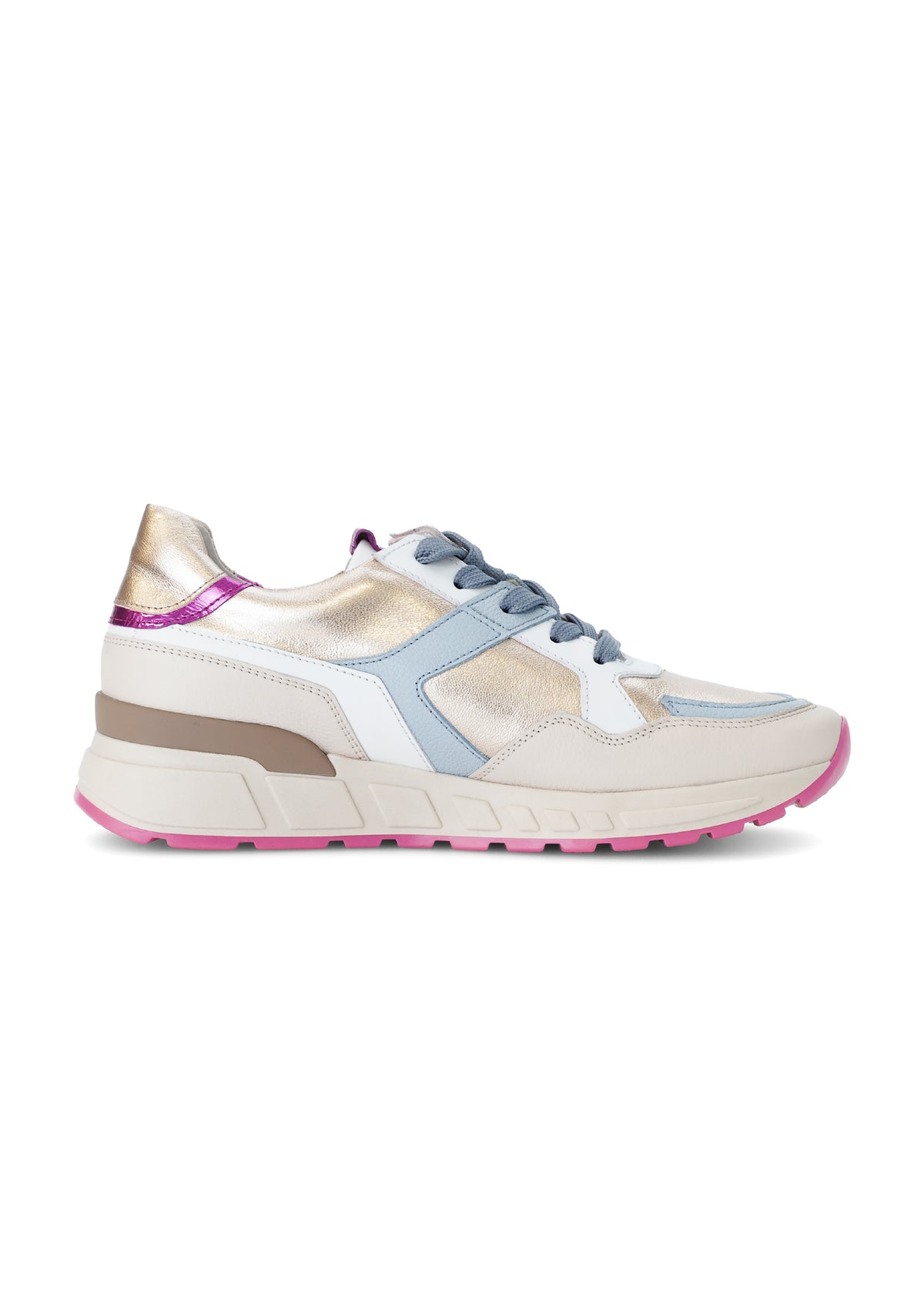 Sneakers med tjock sula - beige läder, färgglada detaljer, rosa sula