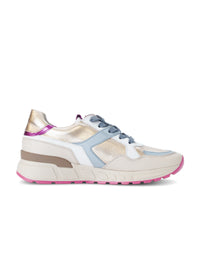 Sneakers med tjock sula - beige läder, färgglada detaljer, rosa sula