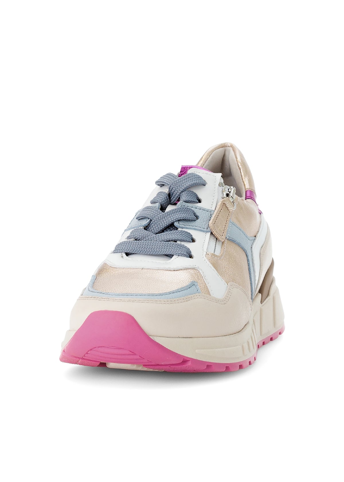 Sneakers med tjock sula - beige läder, färgglada detaljer, rosa sula