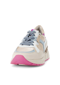 Sneakers med tjock sula - beige läder, färgglada detaljer, rosa sula