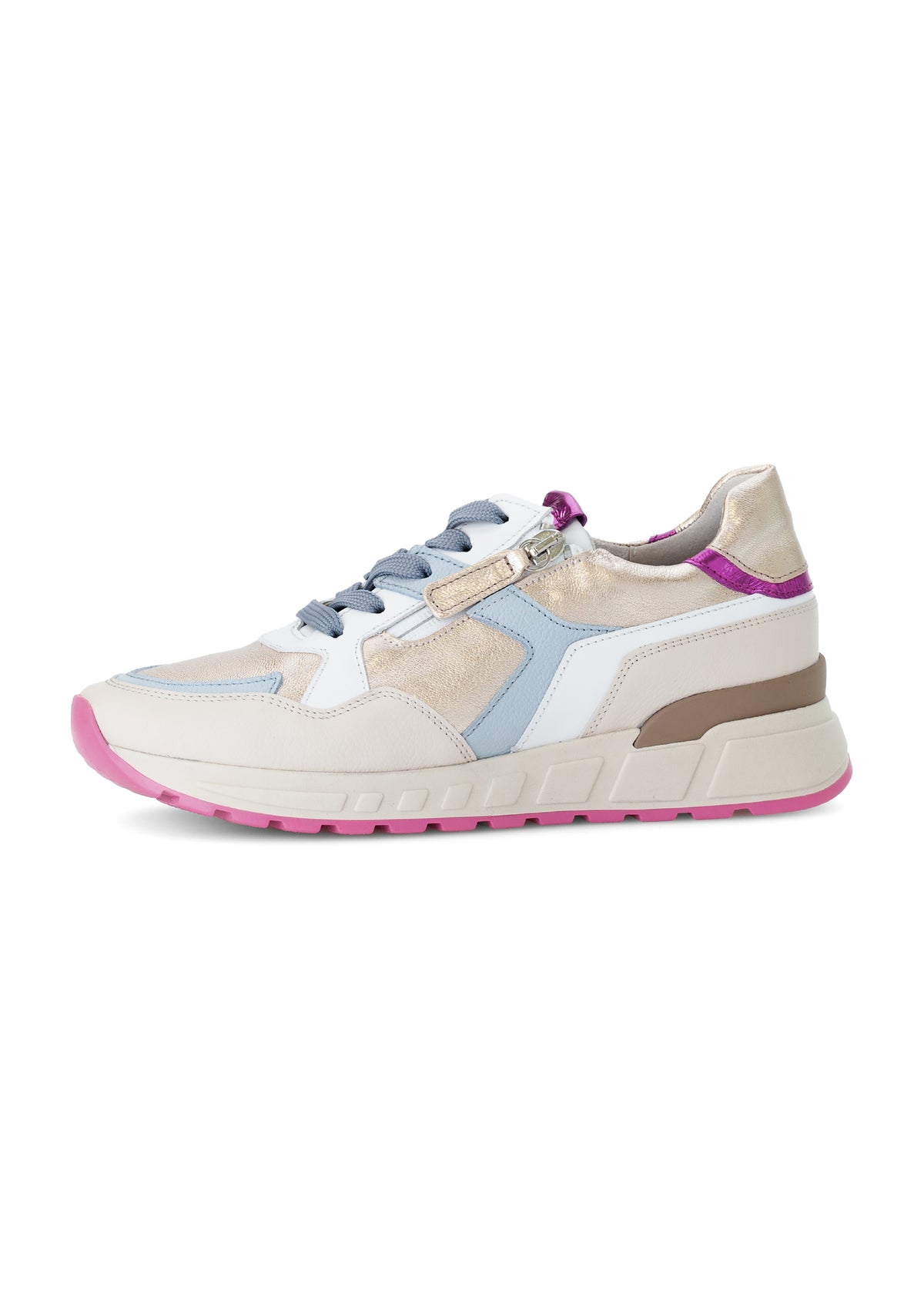 Sneakers med tjock sula - beige läder, färgglada detaljer, rosa sula