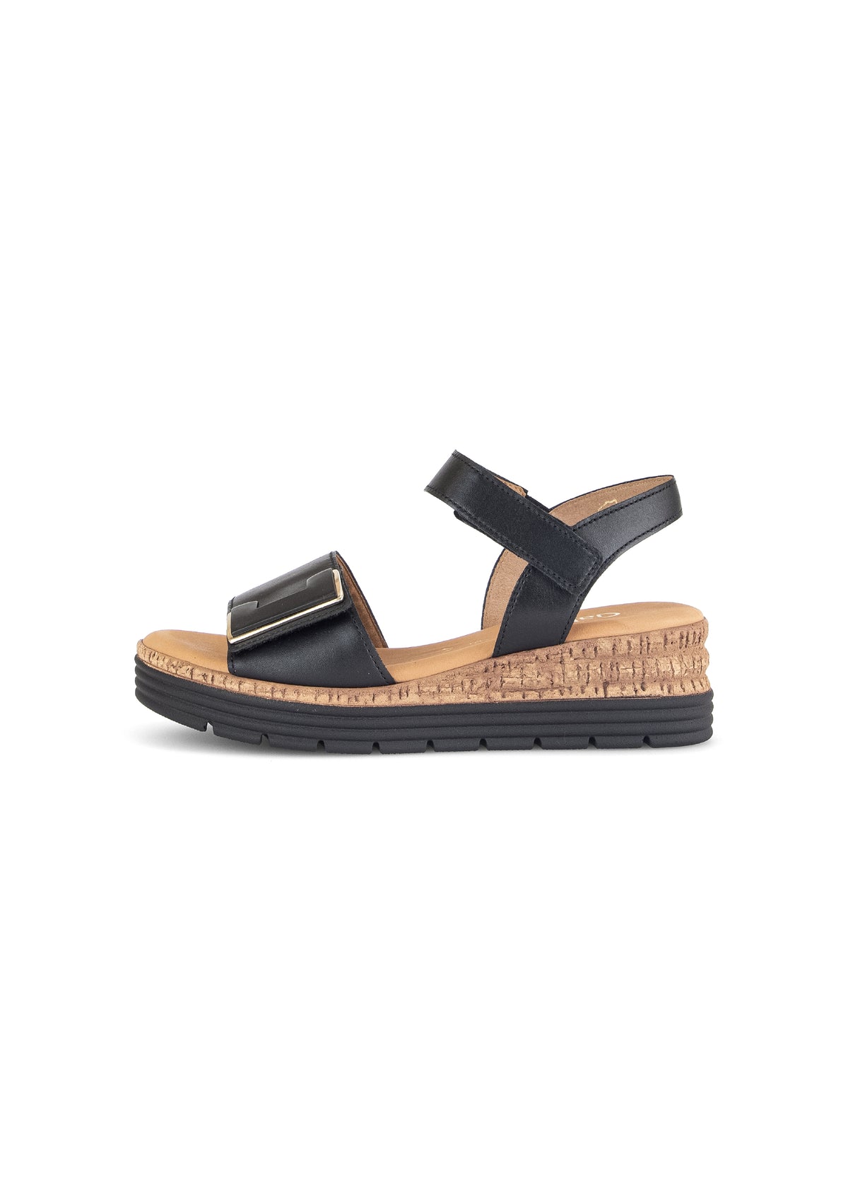 Wedge sole sandals - black leather, velcro straps