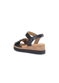 Wedge sole sandals - black leather, velcro straps