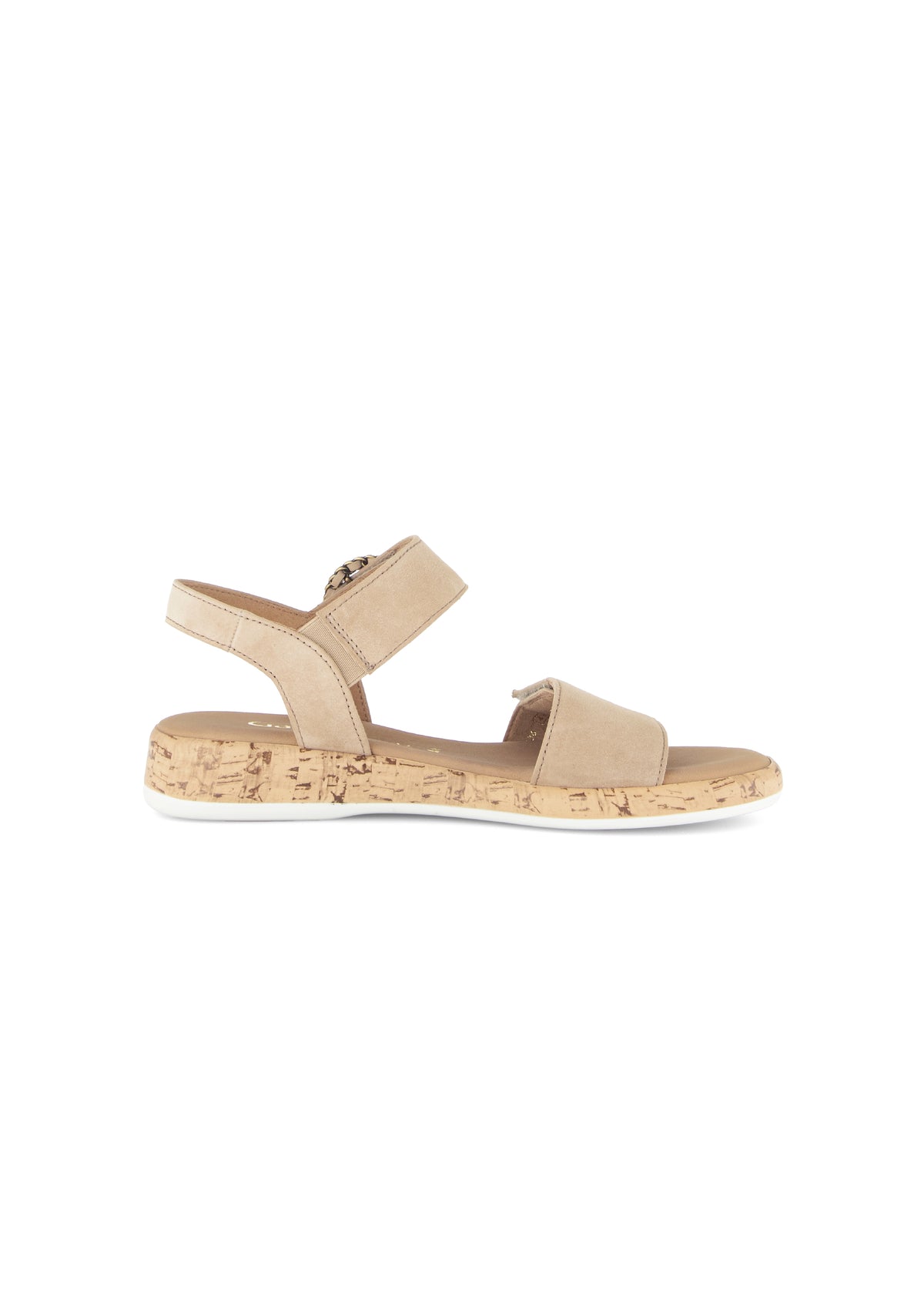 Sandaalit matalalla kiilapohjalla - beige nahka, tarraremmit, koristesolki