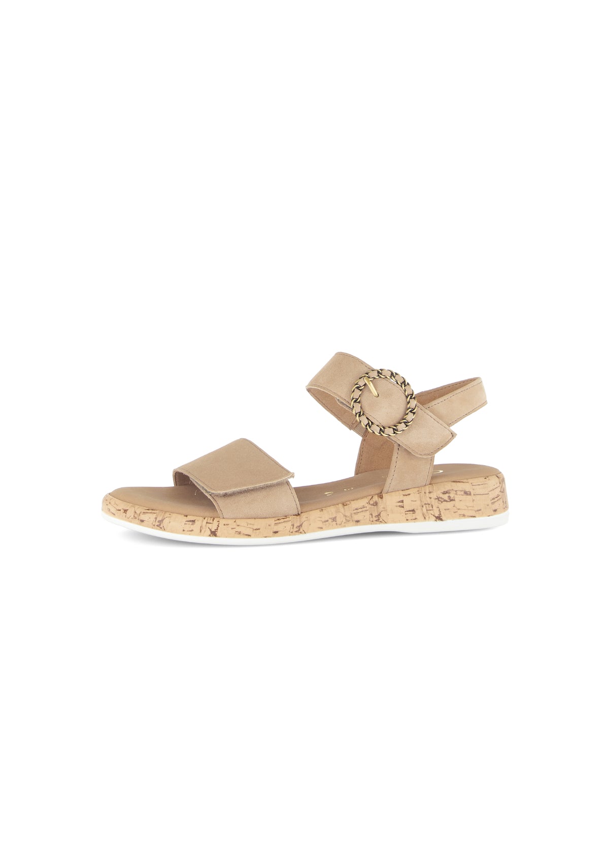 Sandaalit matalalla kiilapohjalla - beige nahka, tarraremmit, koristesolki
