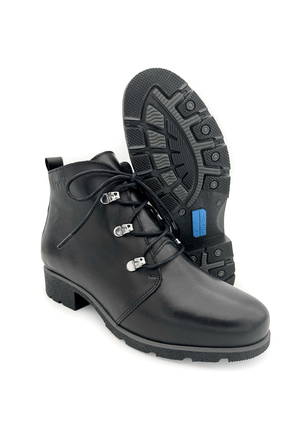 Block heel ankle boots - black leather, wide fit