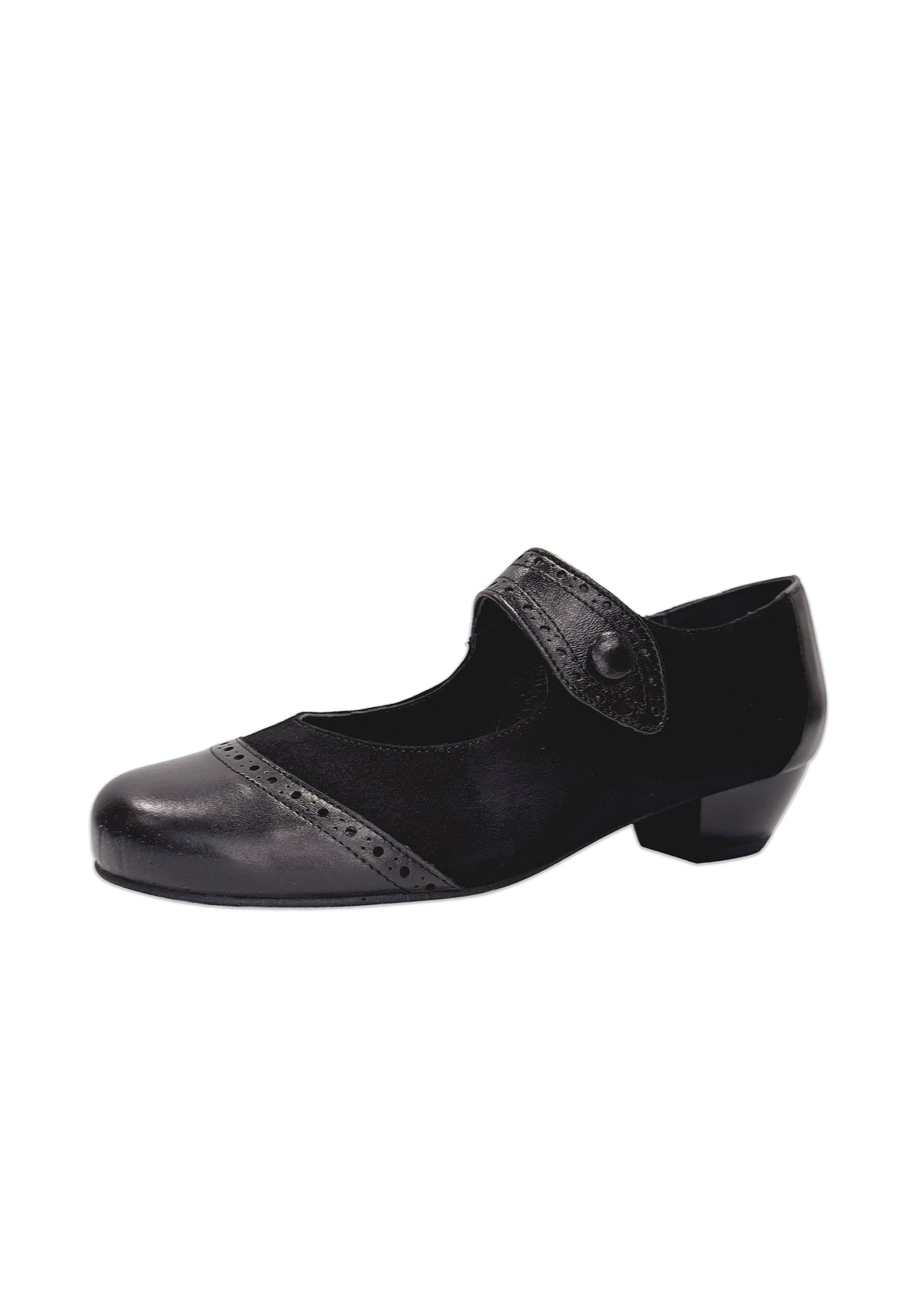 Pumps with Velcro strap - black leather, wide fit