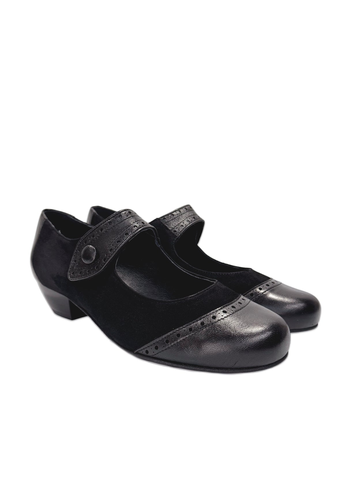 Pumps with Velcro strap - black leather, wide fit