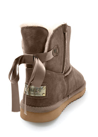 Varma vinterkängor - beige mockaskinn, pälsfoder, rosett