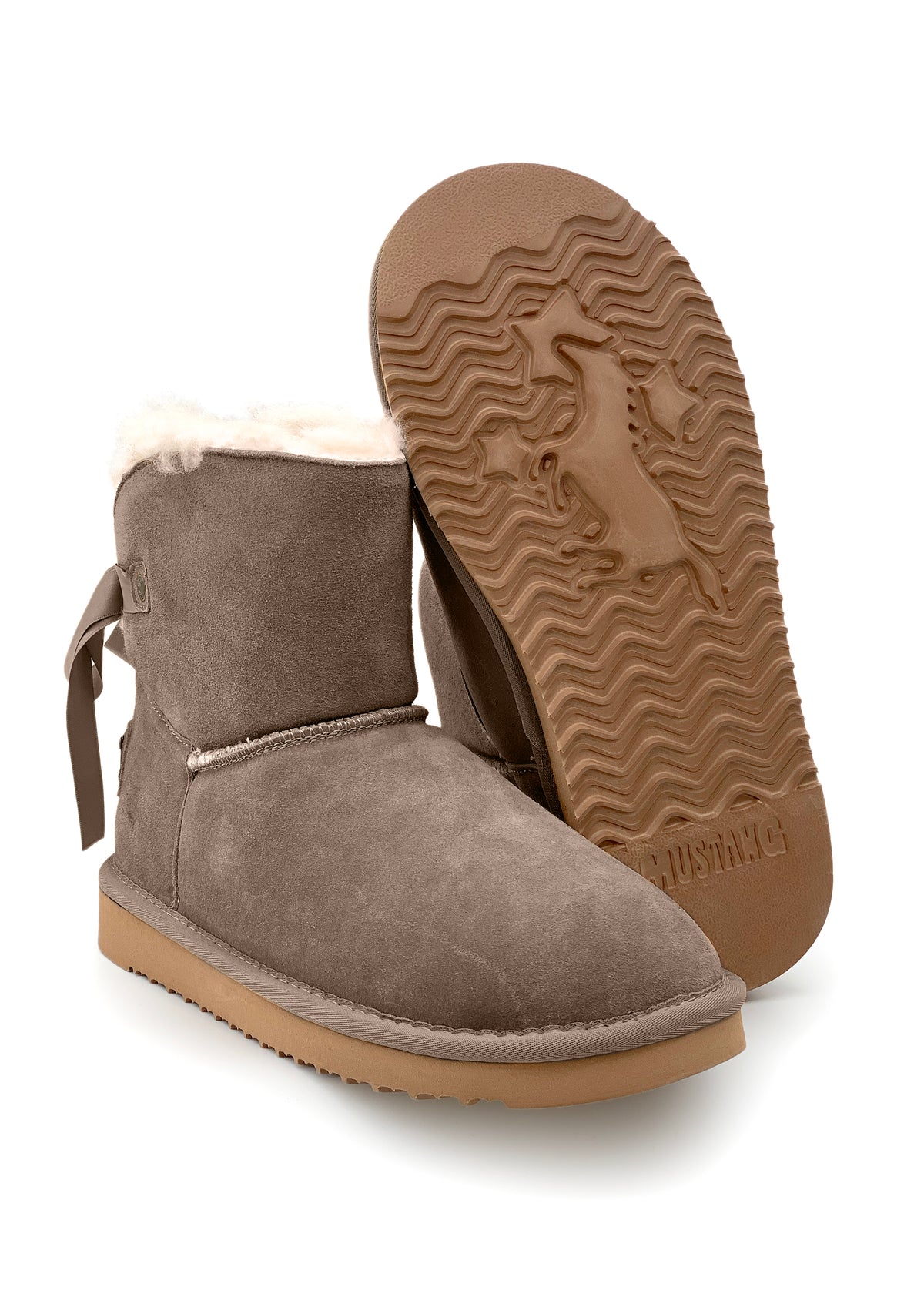 Varma vinterkängor - beige mockaskinn, pälsfoder, rosett