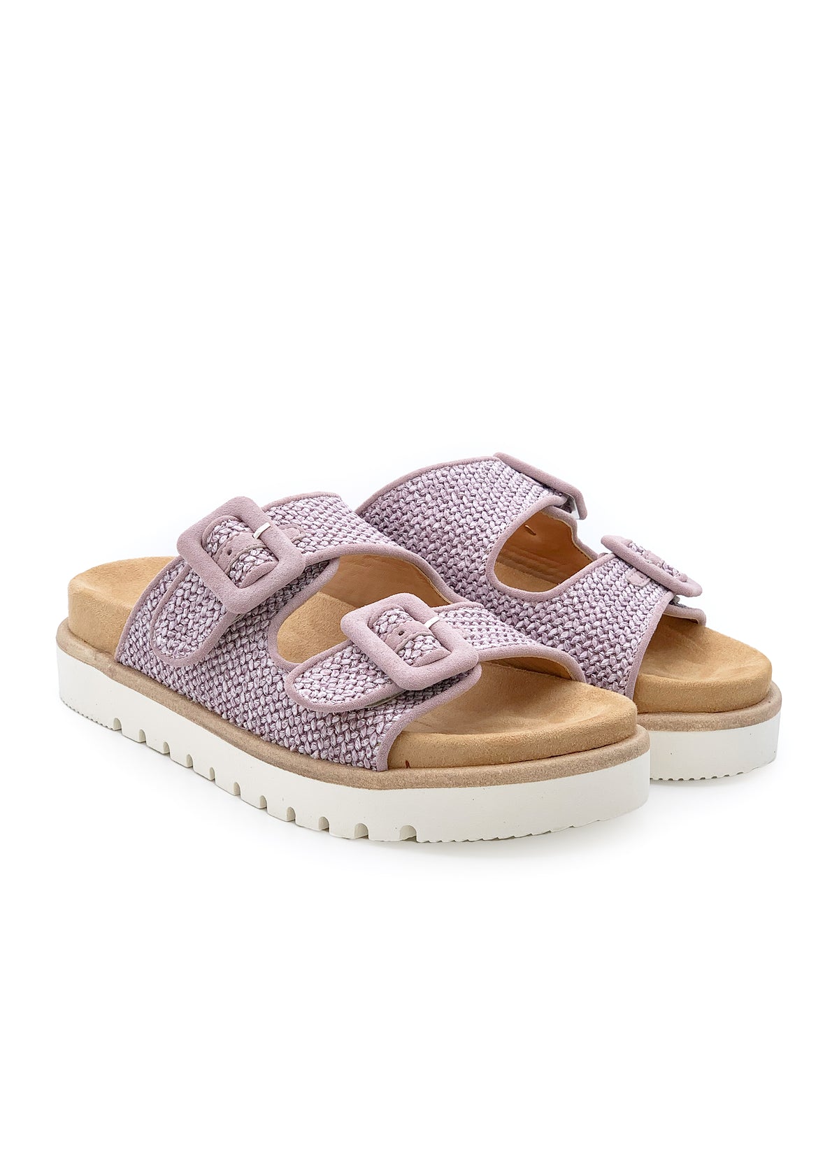 Slip-on sandals with thicker sole - light purple knitted surface