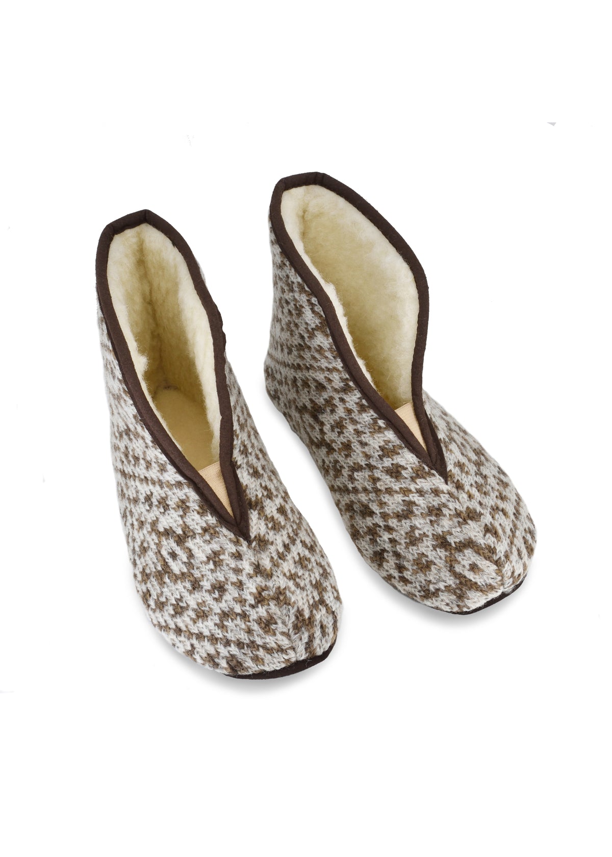 Trolla wool slippers - brown pattern, sheepskin lining