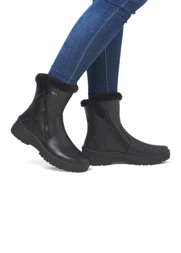 Winter boots - black leather, fur trim, Remonte-TEX