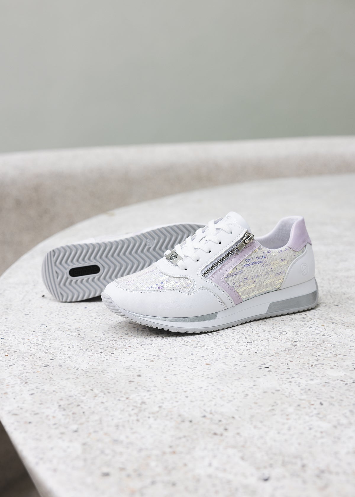 Sneakers with a small wedge sole - light pastel shades, sequins, vegan