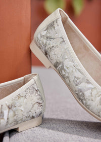 Ballerinaskor - beige, blommönster, rosettdekoration