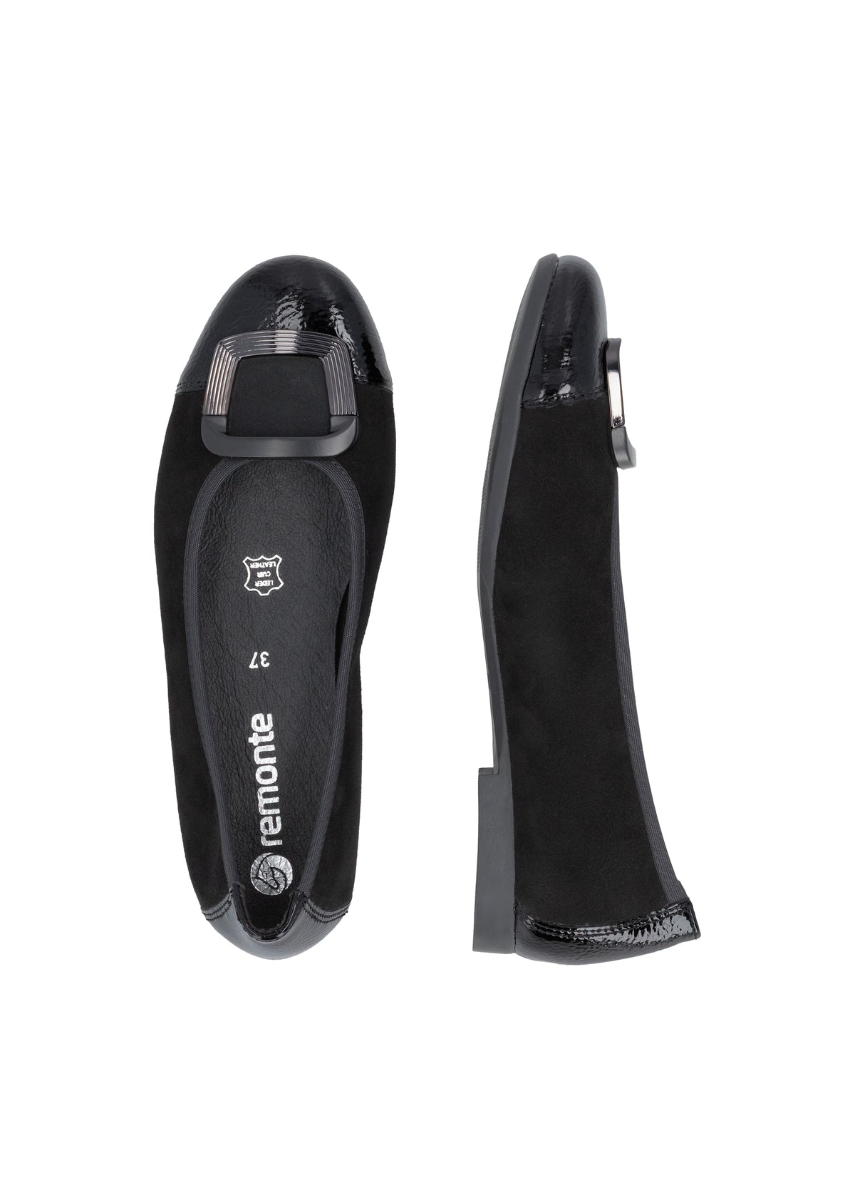 Ballet flats - black leather, black shiny toe and decoration