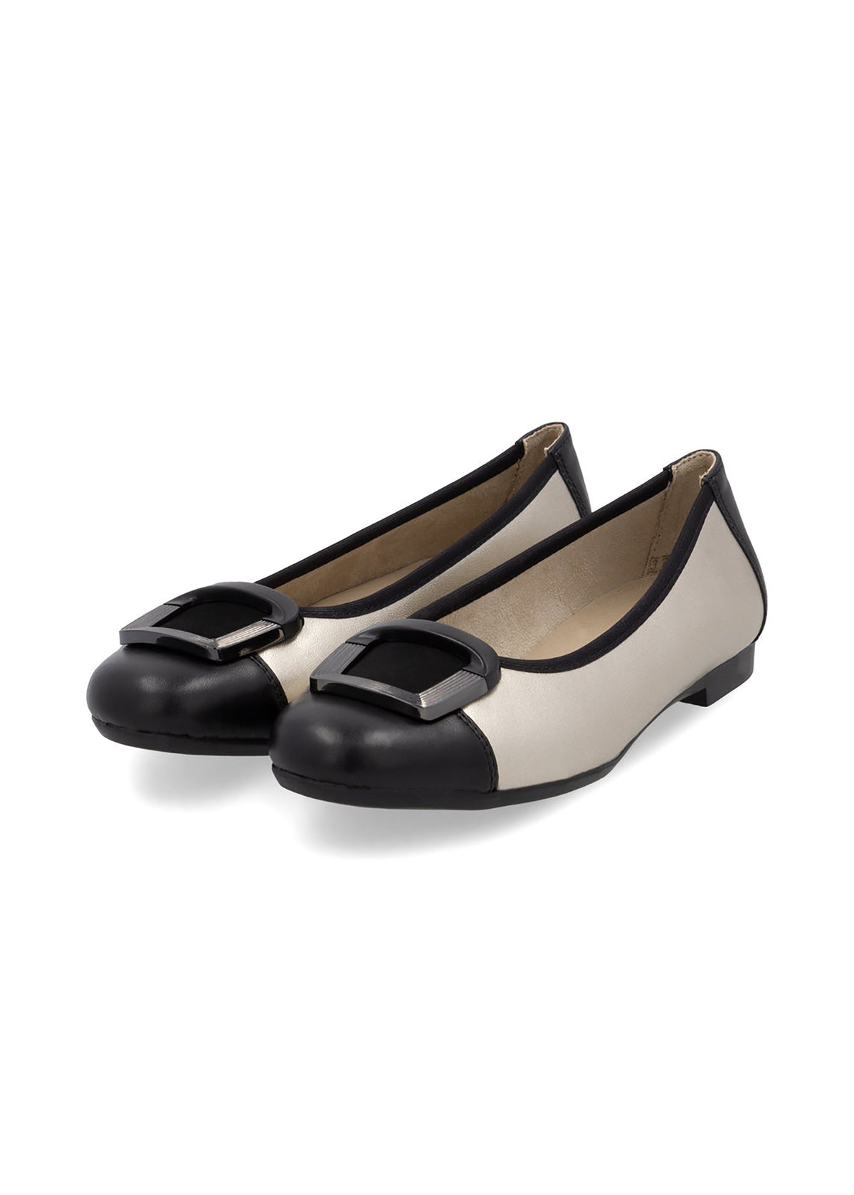 Ballet flats - light platinum-colored leather, black tip and decoration