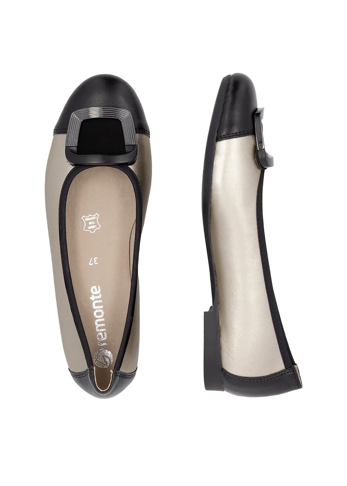 Ballet flats - light platinum-colored leather, black tip and decoration