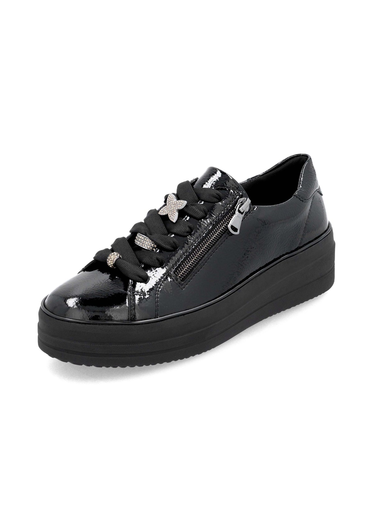 Sneakers with thick soles - black patent leather, silver-colored lace decorations