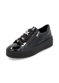 Sneakers with thick soles - black patent leather, silver-colored lace decorations