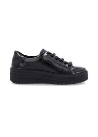 Sneakers with thick soles - black patent leather, silver-colored lace decorations