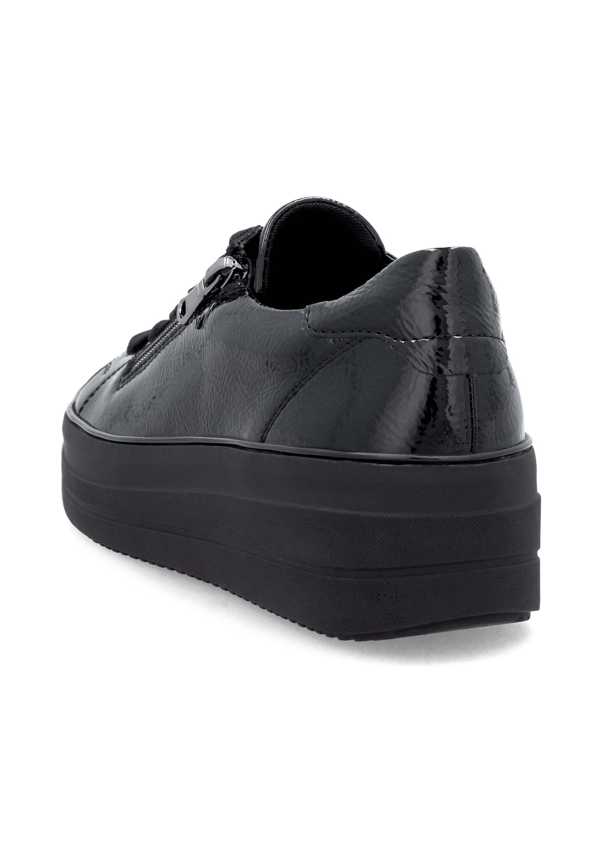 Sneakers with thick soles - black patent leather, silver-colored lace decorations
