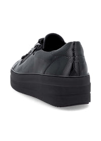 Sneakers with thick soles - black patent leather, silver-colored lace decorations