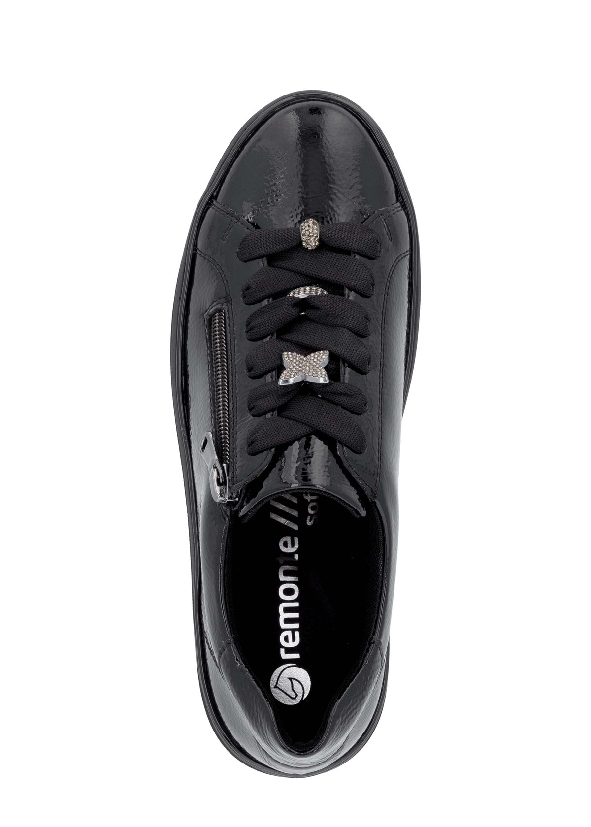Sneakers with thick soles - black patent leather, silver-colored lace decorations