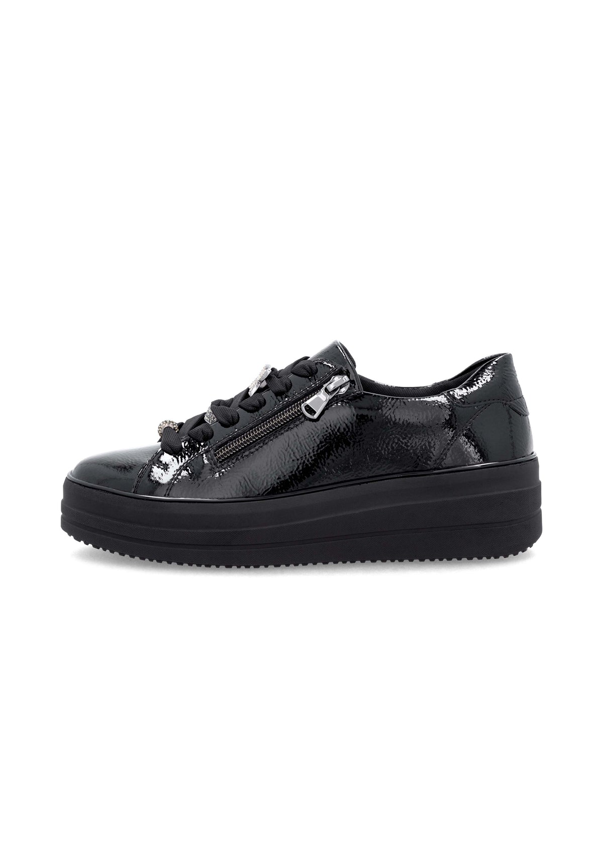 Sneakers with thick soles - black patent leather, silver-colored lace decorations