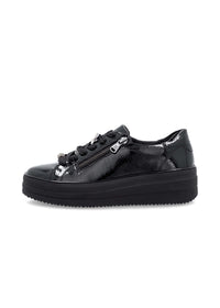 Sneakers with thick soles - black patent leather, silver-colored lace decorations