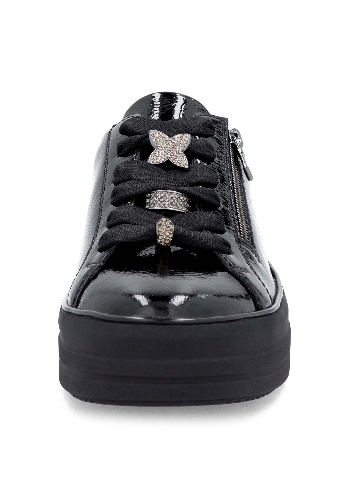 Sneakers with thick soles - black patent leather, silver-colored lace decorations