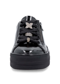 Sneakers with thick soles - black patent leather, silver-colored lace decorations