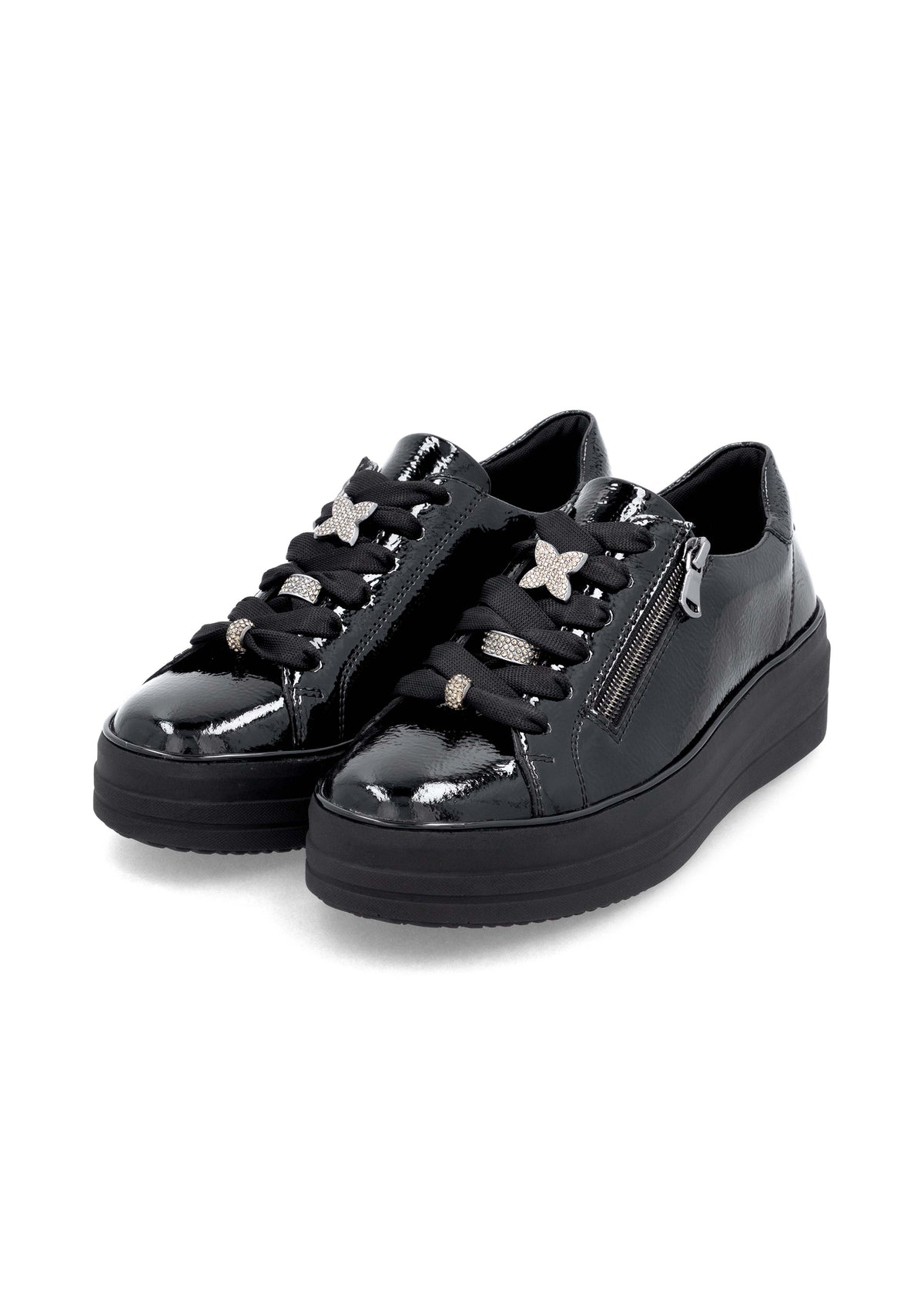 Sneakers with thick soles - black patent leather, silver-colored lace decorations