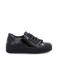 Sneakers with thick soles - black patent leather, silver-colored lace decorations