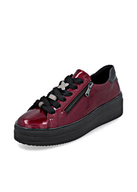 Sneakers with thick sole - dark red patent leather, silver-colored lace decorations