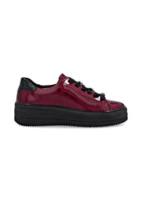 Sneakers with thick sole - dark red patent leather, silver-colored lace decorations